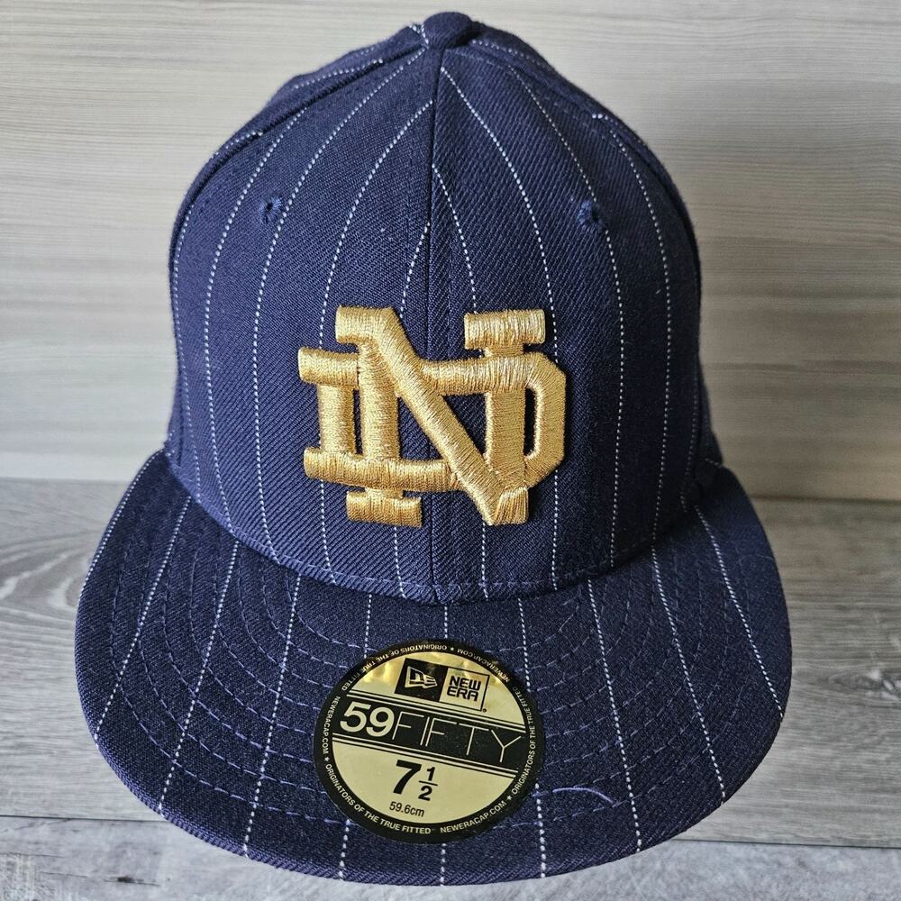 Notre Dame 59Fifty New Era Fitted Hat Sz 7.5 Fighting Irish Leprechaun Pinstripe
